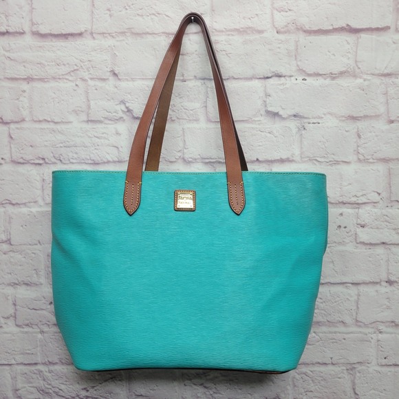Dooney & Bourke Handbags - Dooney & Bourke Eva Large Zip Shopper Turquoise Pebble Grain Red Inside Preowned